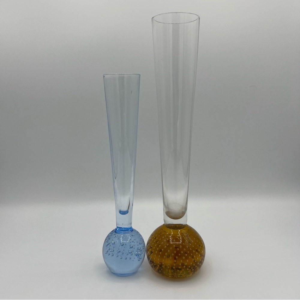 Elegant Controlled Bubble Art Glass Vase Set in Blue and Amber with Flaws